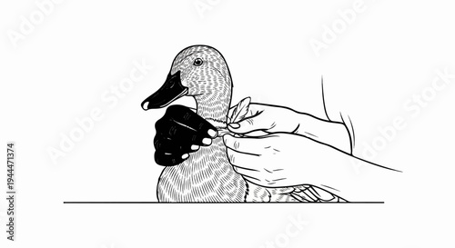 A detailed illustration shows hands holding a duck and gently plucking a feather