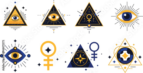 Mystical occult symbols collection with all seeing eye sacred geometry triangles and spiritual icons cartoon flat vector illustration set