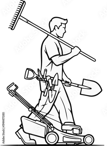 Man with gardening tools, rake, shovel, shears, trowels, and lawnmower