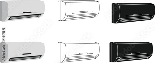 air conditioner unit vector set, wall mounted air conditioning system illustration, home cooling appliance collection, modern HVAC climate control device design