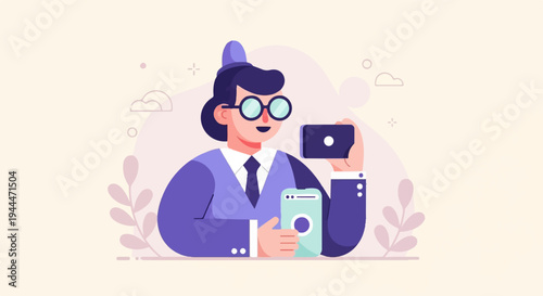 A person with glasses and a hat holds a phone and a camera