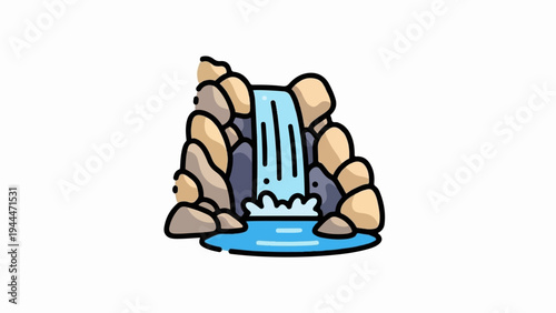 A cartoon waterfall cascades over rocks into a blue pool