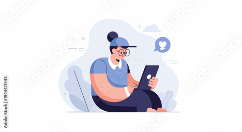 A person with glasses and a hat looks at a tablet with a heart in a speech bubble