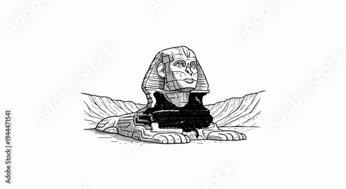 A monochrome etching depicts the Great Sphinx and surrounding mountains