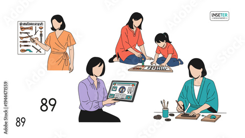 Empowering Woman Characters: A collection of illustrated woman characters embodies strength and versatility, showcasing their diverse roles in education, parenting, technology, and art.