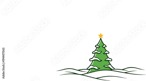 A green Christmas tree with snow and a star on top sits in the snow