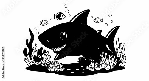 A cartoon shark smiles from underwater amidst coral and small fish