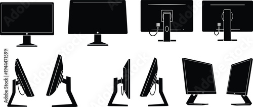 desktop computer monitor collection vector, modern pc display silhouette set, flat screen monitor icons, office workstation monitor illustration, technology screen equipment design