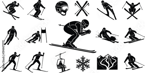 Alpine Skiing and Winter Sport Silhouette Icons