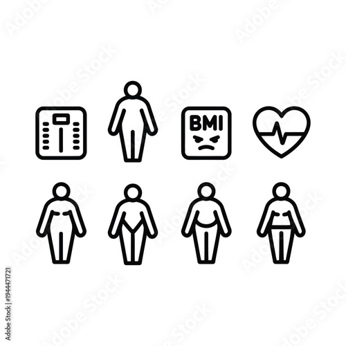 A set of black silhouette icons representing body mass index and weight loss