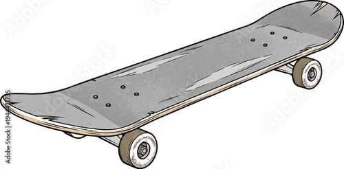 A gray skateboard with white wheels and wooden sides rests on a white background