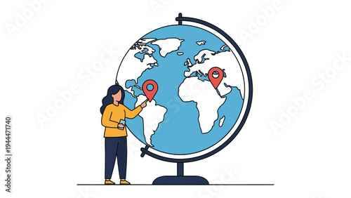 Globetrotter's Guide: A woman, maps out a journey, using a globe, highlighting destinations with precision, symbolizing exploration and adventure.