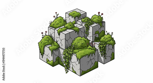 Overgrown ancient stone blocks with moss and small flowers