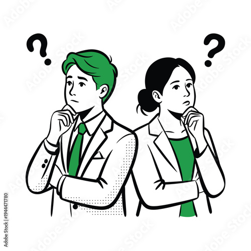 Green-Haired Professionals Thinking Vector, male and female suit characters with question marks
