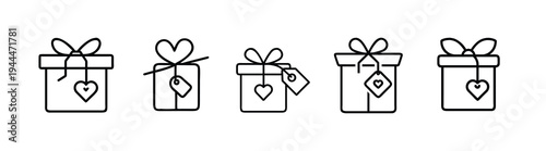 Heart and love gift box outline icon set featuring surprise present package, wedding celebration ribbon, romantic holiday parcel more vector illustration or editable stroke.