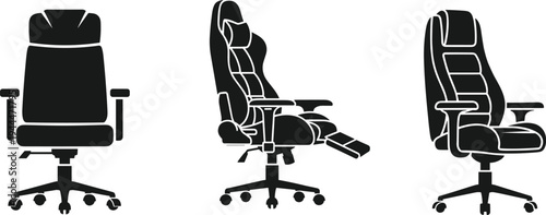 gaming chair vector collection, ergonomic office chair illustration set, modern computer desk chair design, adjustable swivel workstation chair silhouette