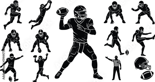 American Football Player Action Silhouette Vector Set