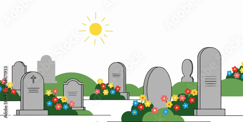 A graveyard with headstones and colorful flowers under a smiling sun