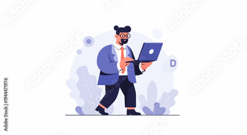 A man in a suit with a beard and glasses walks holding a laptop