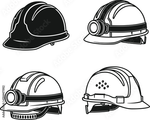 industrial safety helmet vector illustration set, construction hard hat collection with miner headlamp, protective work helmet icons, engineering safety equipment design