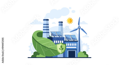 Green Industry & Sustainable Energy: Factory with Solar Panels, Wind Turbine & Environmental Protection