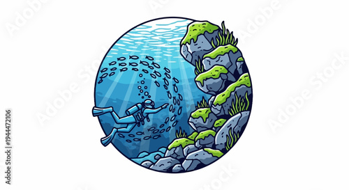 A diver explores a rocky underwater reef teeming with small fish