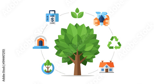 Sustainable Living & Green Economy Concept: Nature's Interconnectedness with Finance, Housing, and Environment