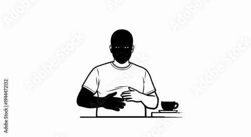 Man with hands on stomach smiling next to a coffee cup