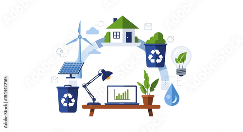 Sustainable Living Cycle: Green Home, Solar & Wind Energy, Recycling, and Eco-Conscious Daily Habits