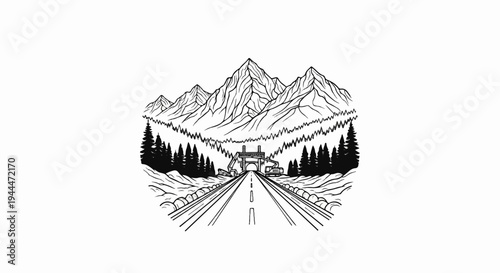 Mountain landscape with road leading to tunnel, surrounded by trees