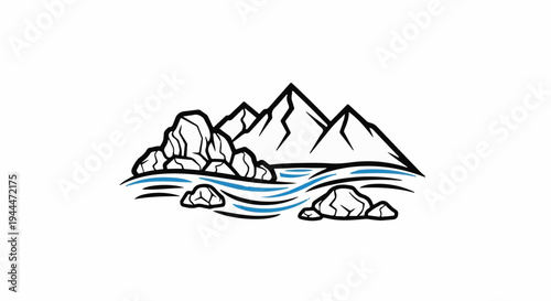 Mountain peaks above a river with rocks