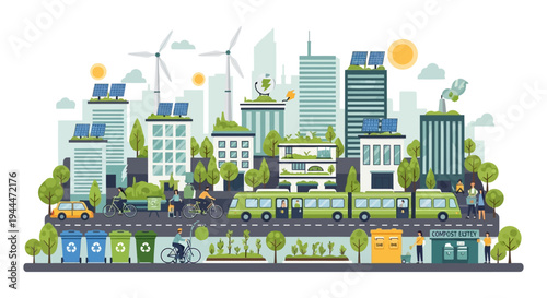 Sustainable Green City Illustration: Urban Ecology, Renewable Energy, Solar Panels, Wind Turbines, Electric Bus, Bicycles, Recycling & Eco-Friendly Lifestyle
