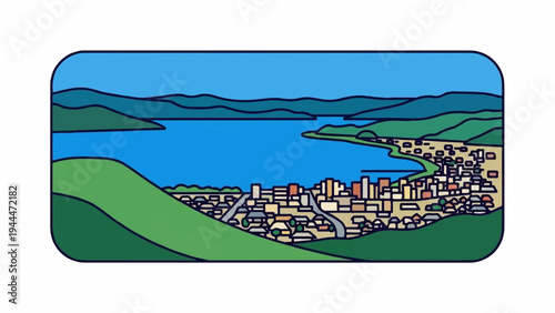 A picturesque bay town nestled between lush green hills and a calm blue expanse