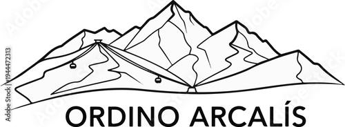 Mountain ski resort scene with cable cars and text below