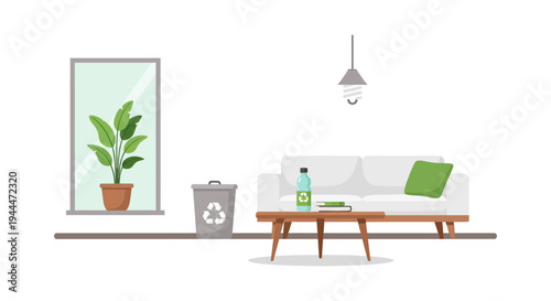 Eco-friendly Living Room Interior with Recycling Bin, Potted Plant & Reusable Bottle - Sustainable Home Lifestyle Vector Illustration