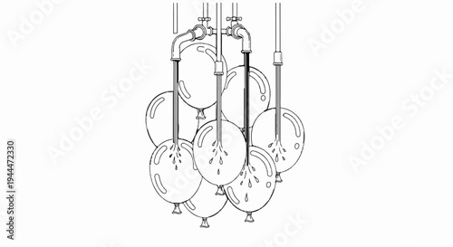 Multiple balloons being filled with water from pipes and taps