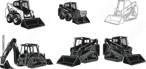 skid steer loader construction machine set, compact track loader vector collection, heavy equipment excavator and bulldozer illustration, construction machinery vehicles