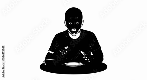 Man with shocked expression sits at table with plate and fork