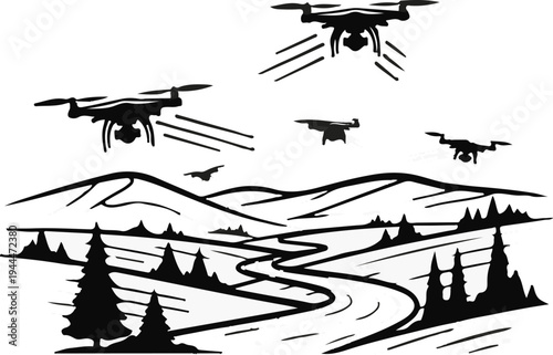 Multiple drones flying over a winding road through a hilly landscape