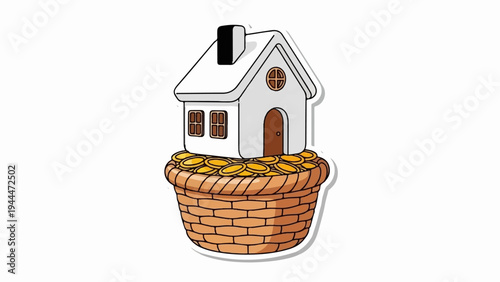 A cartoon house sits atop a basket overflowing with golden coins