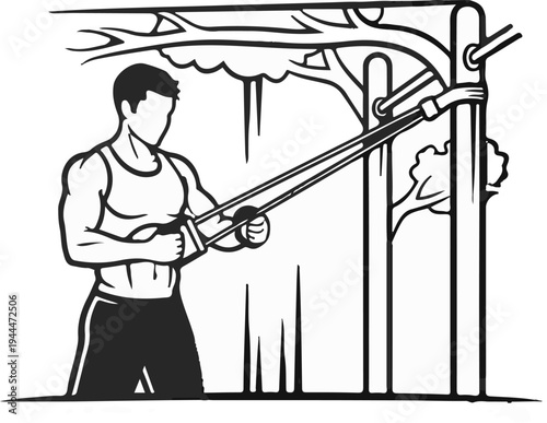 Muscular figure exercising with resistance bands on a jungle gym frame