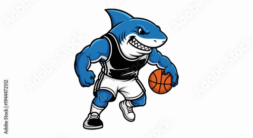 Muscular blue shark character wearing a basketball uniform, dribbling a ball
