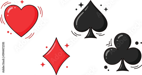 Playing card suit symbols collection including heart spade diamond and club colorful cartoon style flat vector illustration isolated set