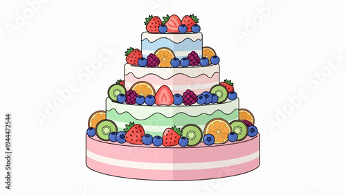 A multi-tiered cake adorned with colorful fruits, a festive and sweet treat