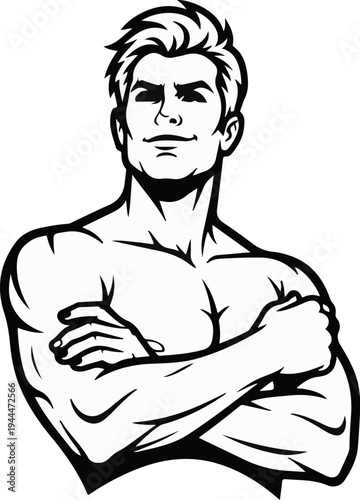 Muscular male figure with arms crossed, confident expression, white background
