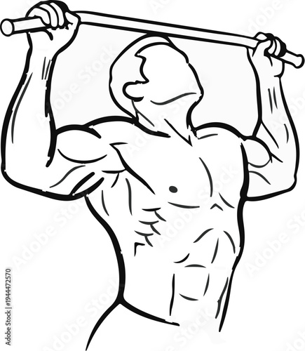 Muscular male performing a pull-up on a horizontal bar