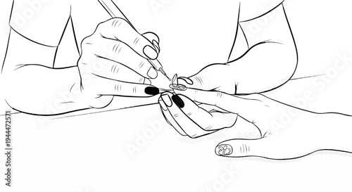 A nail artist applies a decorative element to a customer's fingernail