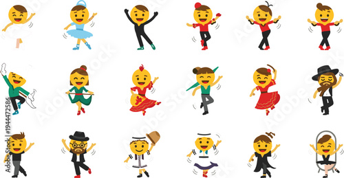 People dancing in different styles set with ballet, flamenco, hip hop and folk dance cartoon character vector illustration