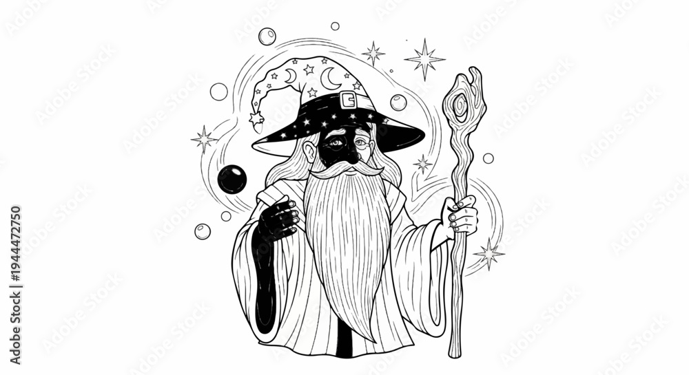 Obraz premium Mystical wizard with beard, star hat, staff, and orb, surrounded by magic