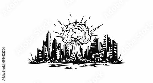 Mushroom cloud erupts over a devastated city skyline